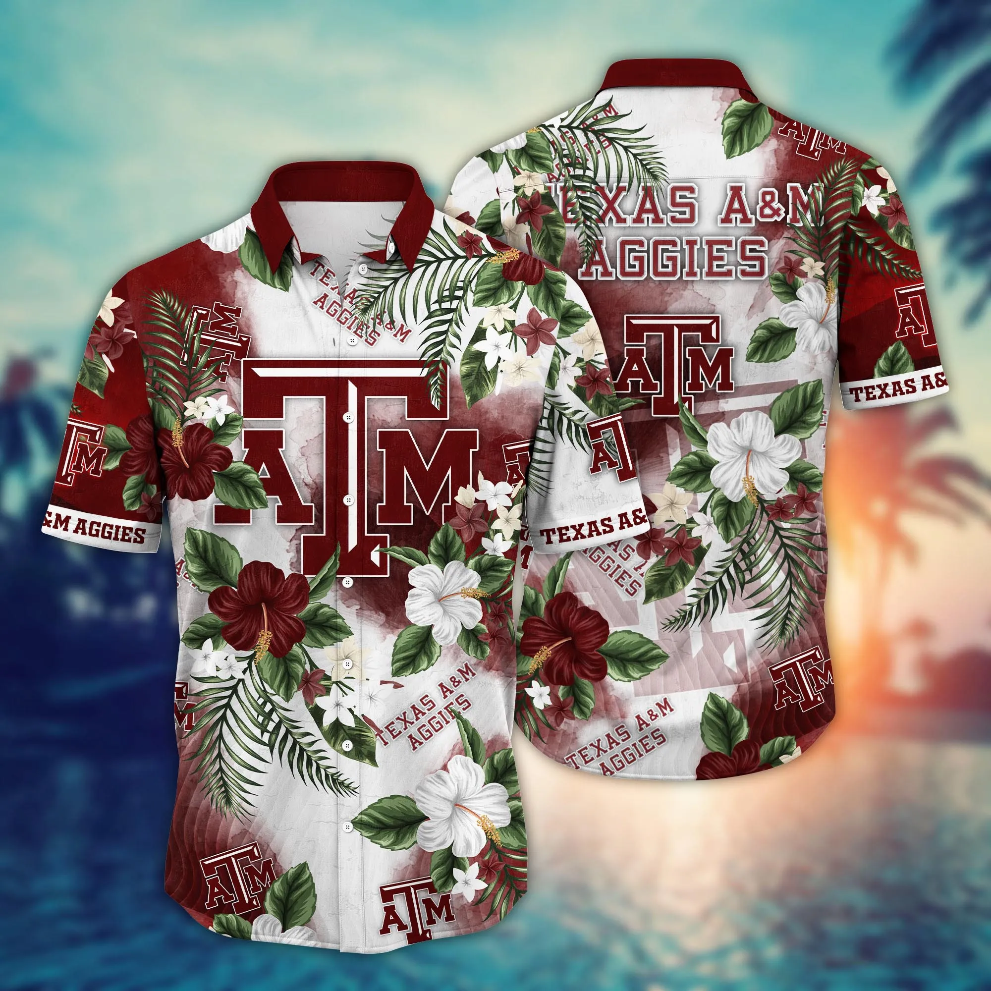 Texas A&M Aggies Tropical Leaf Blossom Hawaiian Shirt Texas A&M Aggies Tropical Leaf Blossom Hawaiian Shirt
