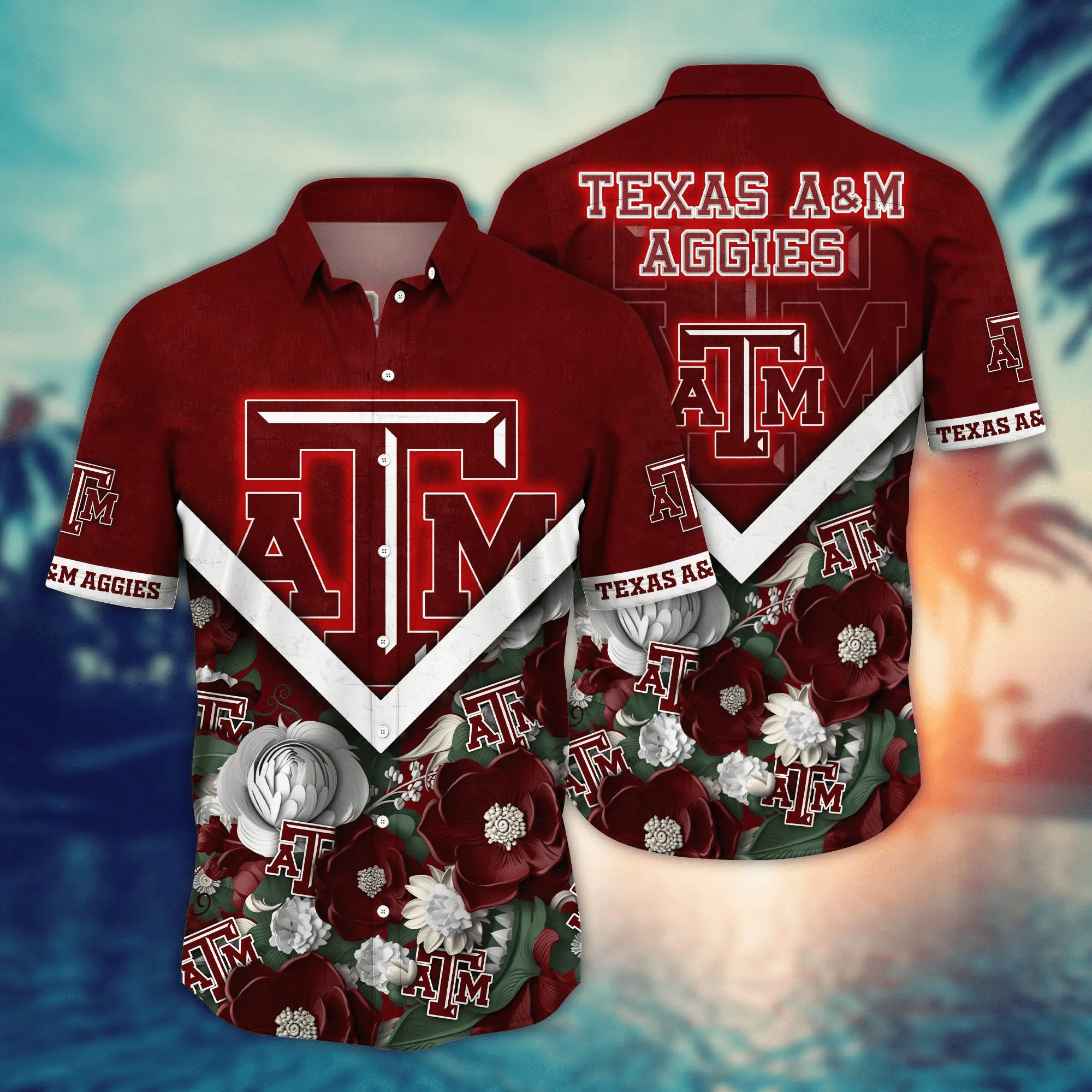 Texas A&M Aggies White Flowered Aloha Hawaiian Shirt Texas A&M Aggies White Flowered Aloha Hawaiian Shirt