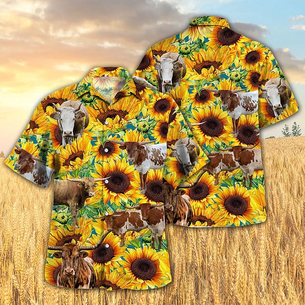 Texas Longhorns Cow Sunflowers Hawaiian Shirt Texas Longhorns Cow Sunflowers Hawaiian Shirt