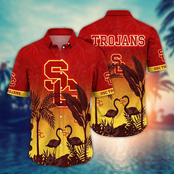 USC Trojans Flamingo Couple Tropical Leaf Hawaiian Shirt USC Trojans Flamingo Couple Tropical Leaf Hawaiian Shirt