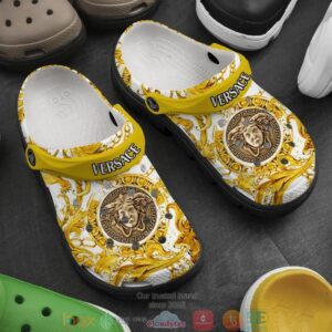 Versace Luxury Brand Logo White Gold Crocband Clog Shoes