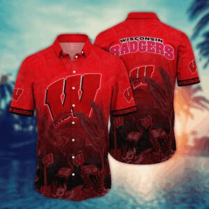 Wisconsin Badgers Flamingo Couple Flowers Aloha Hawaiian Shirt