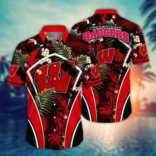 Wisconsin Badgers Logo Leaf Pattern Hawaiian Shirt Wisconsin Badgers Logo Leaf Pattern Hawaiian Shirt