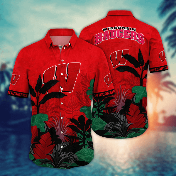 Wisconsin Badgers Tropical Leaf Hawaiian Shirt Wisconsin Badgers Tropical Leaf Hawaiian Shirt